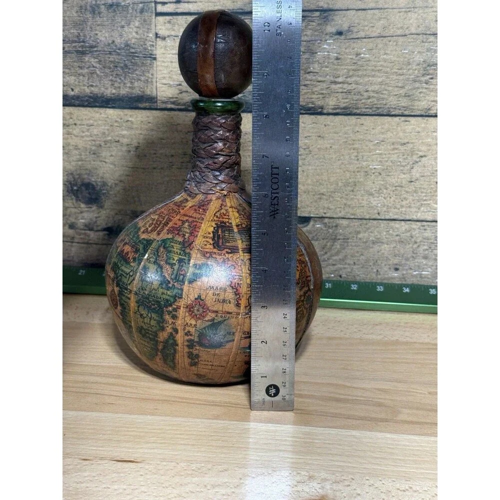 Vintage Italian Leather Wrapped Decanter Old World Map Globe Italy Dragon Ships